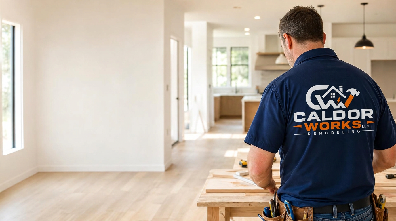 Caldor Works craftsman installing trim in a bright, newly remodeled Pittsburgh home